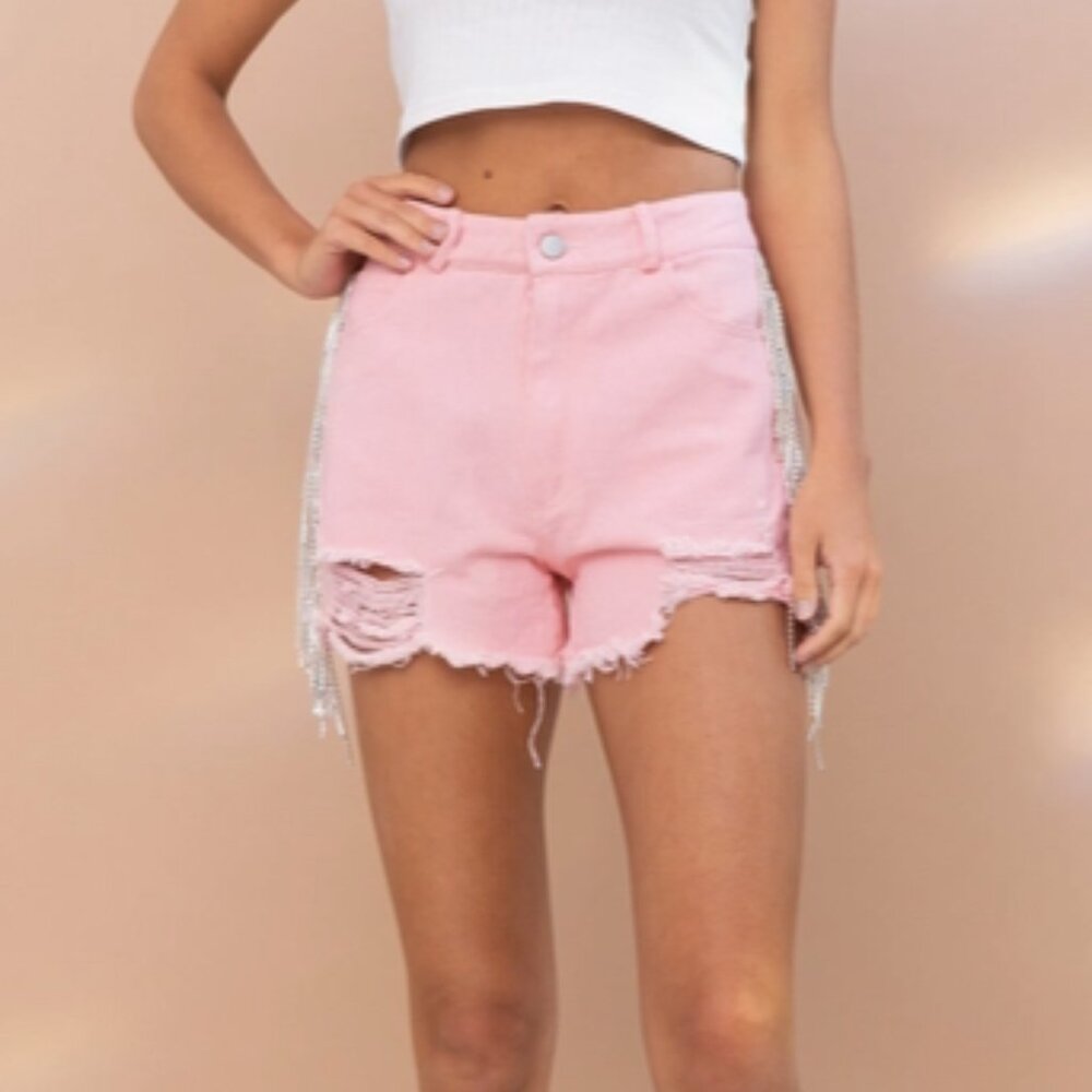 Rhinestone Side Washed Denim Shorts
